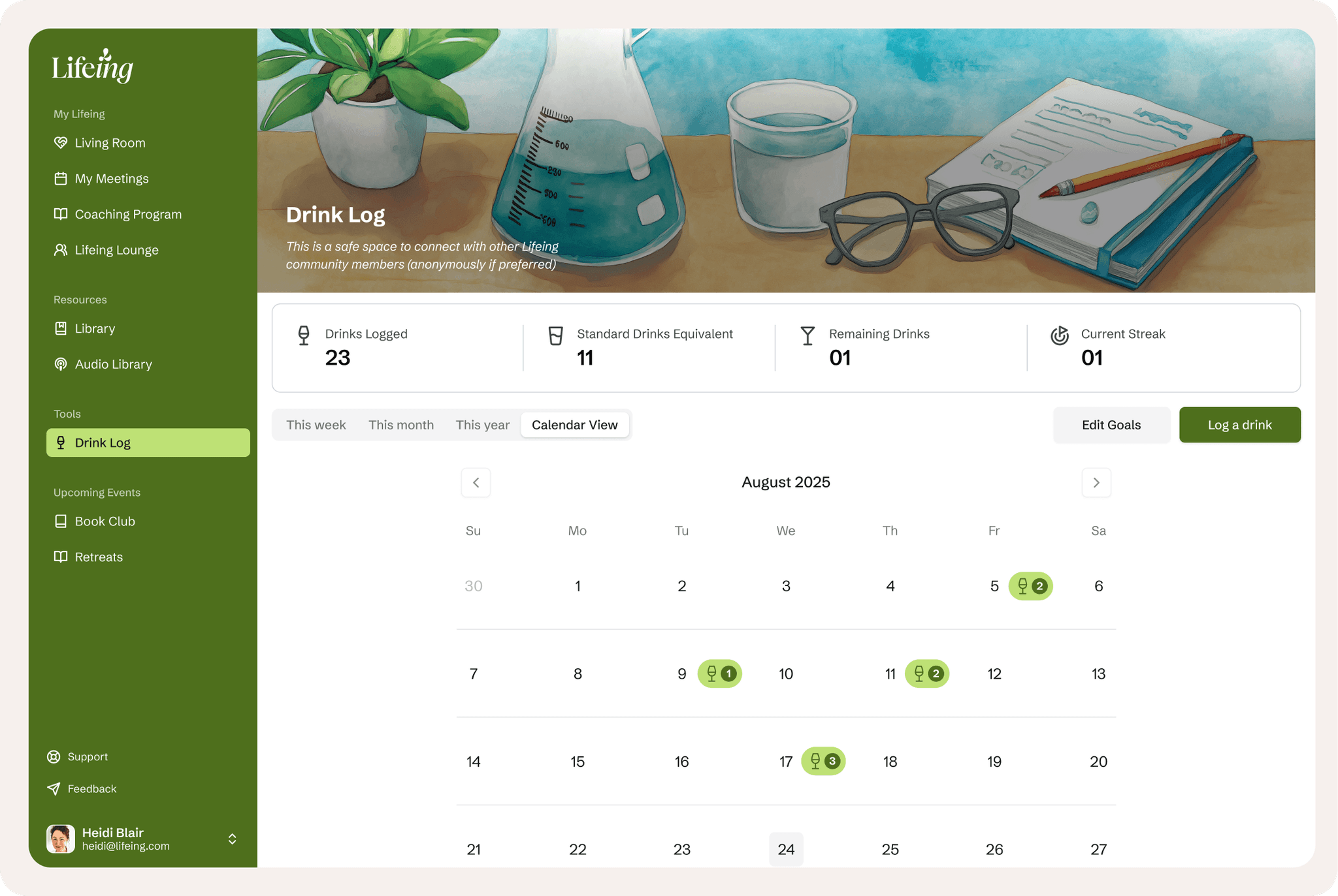 Lifeing Drink Log Dashboard